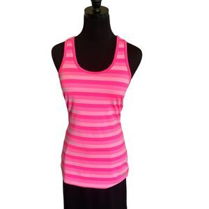 FILA Longer Fit Racerback Athletic Tank Top in Pink Stripe, Size Medium
